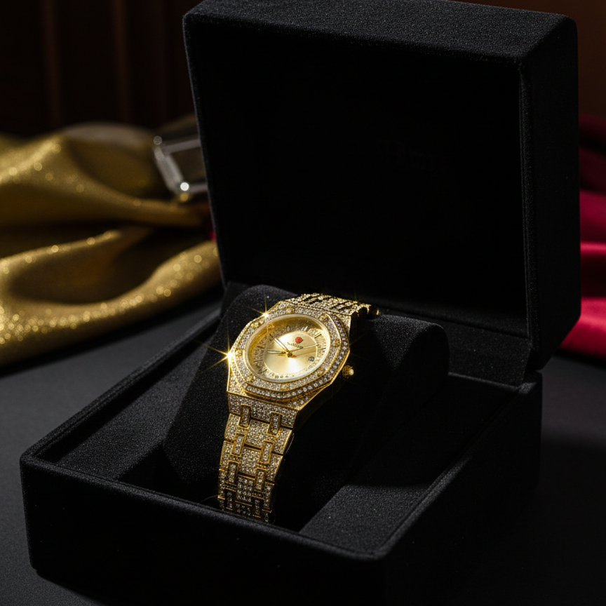Luxury Gold Diamond-Studded Wrist Watch - Premium Designer Style Quartz Watch for Men & Women (Without Box) - Image 2