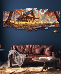 Autumn House Set of 5 Frames | 16x40 Inch | Wooden Sticky Tiles | Easy Wall Mount with Double Tape