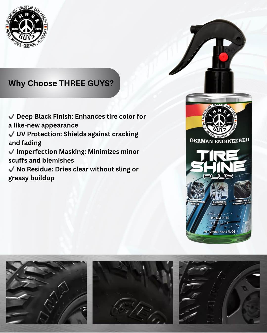 Three Guys Tire Shine Plus 250ml – Streak-Free Shine Cleans And Protects Long-Lasting Wet Look Premium Tire Care Spray - Image 3