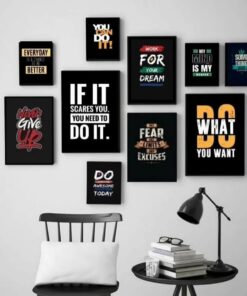Modern 10 Piece Yellow And Black Motivational Wall Art Set Wooden MDF Sticky Phototile Frames | Double Tape Included