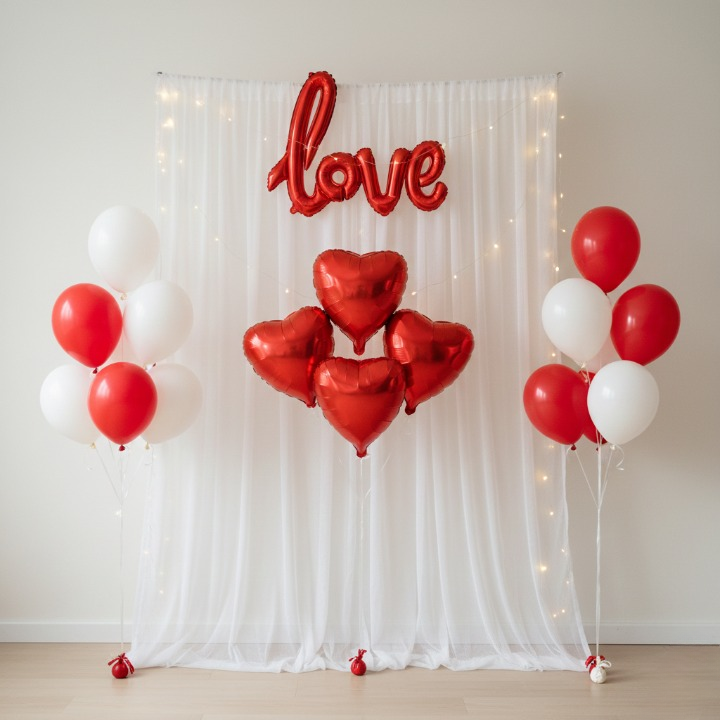 32 Pcs Romantic Tent Decoration Set With Red & White Balloons, Foil Heart, LED Lights & White Curtain Backdrop For Bedroom - Image 4