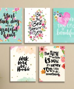 Set of 5 Floral Motivational Wall Art Frames – 8x11" MDF with Sticky Backing