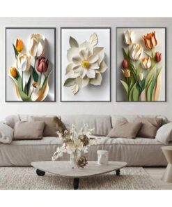 Modern 3D Effect Floral Wall Art Frames Set of 3 Elegant Paper Cut Style Tulips Blossoms Home Decor Size 8x11 Inches Each with Double Sided Tape