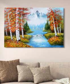 Autumn Mountain River Canvas Art | Scenic Nature Landscape Wall Decor | Artistic Forest Painting for Home | 12x16 Inches