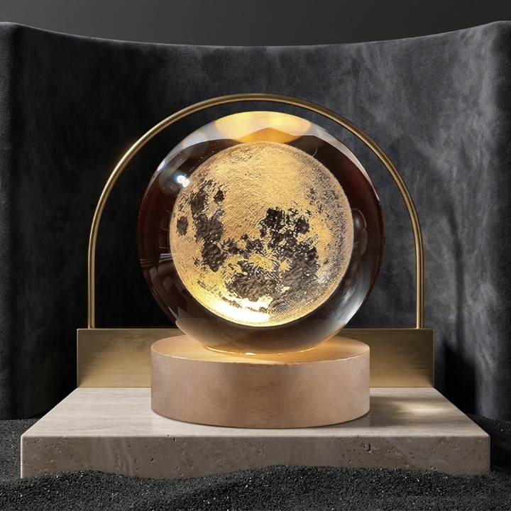 3D Galaxy Crystal Ball Lamp with Wooden LED Base – Decorative Night Light (Only Moon Shape) - Image 2