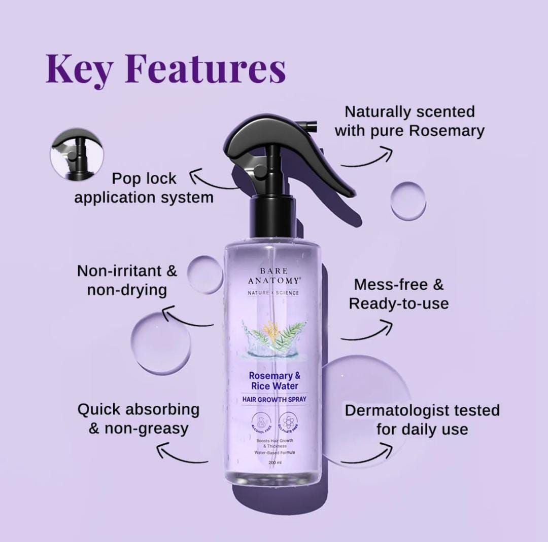 Bare Anatomy Rosemary & Rice Water Hair Growth Spray | Boosts Thickness | Controls Hair Fall | 200ml - Image 4