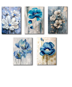 Set of 5 Blue Flowers Wall Art Wooden Frames for Home Decoration / Sticky Photo Tiles