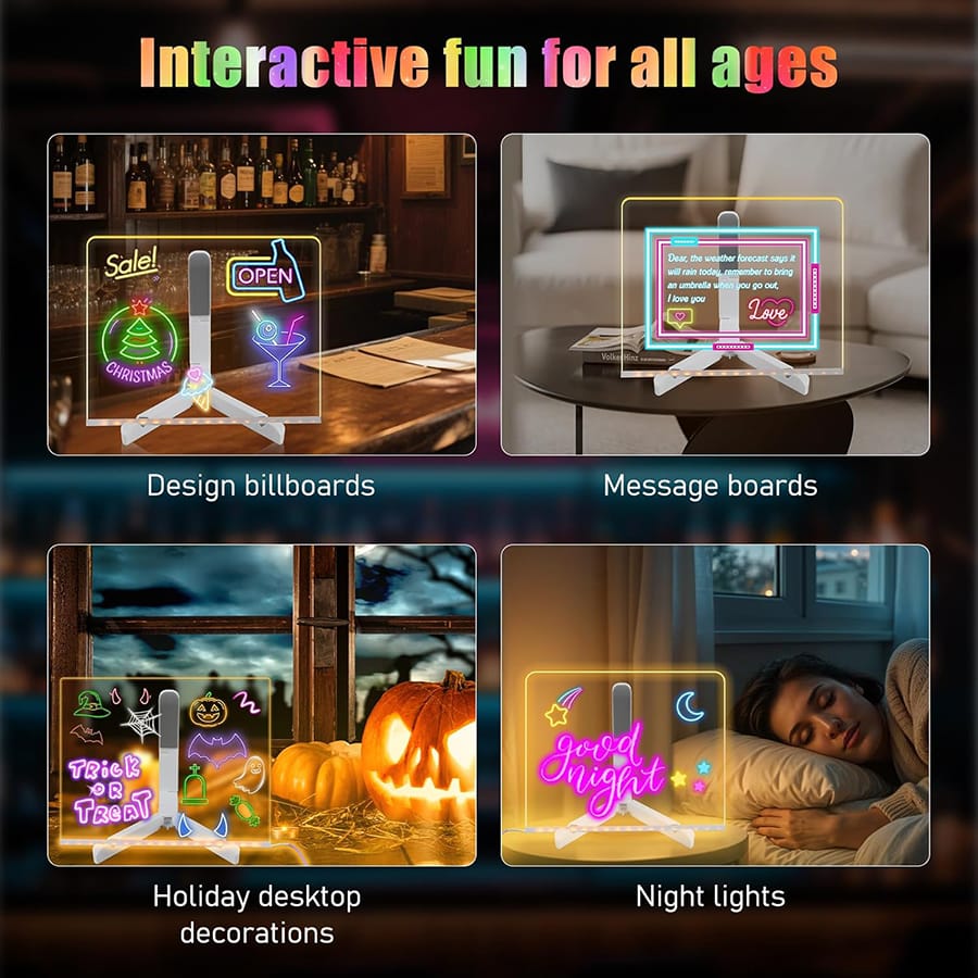 LED Light-Up Writing Board With 7 Marker – 15×15 cm Acrylic Message Pad with Stand | Colorful DIY Notes & Erasable Neon Pens - Image 2