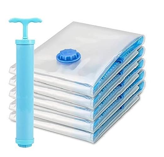 Vacuum Storage Bags Set (5 Bags + 1 Hand Pump) – Reusable Space Saver Compression Bags for Clothes