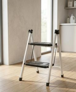 2-Step Folding Metal Stool Ladder | Compact Safety Step Ladder With Anti-Slip Treads | Frame Metal & Step Plastic - Random Colour