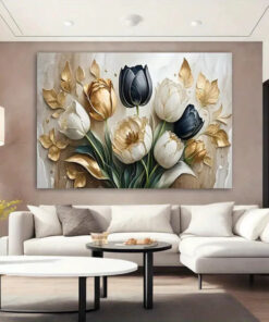 Modern 3D Effect Luxury Floral Wall Art Frame Featuring Golden and Black Tulips Abstract Oil Painting Style Decor Size 12x16 with Double Sided Tape