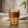 Premium Amber Glass Coffee Tumbler – Travel Mug with Leather Heat Sleeve