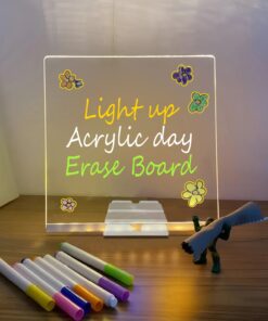 LED Light-Up Writing Board With 7 Marker – 15×15 cm Acrylic Message Pad with Stand | Colorful DIY Notes & Erasable Neon Pens