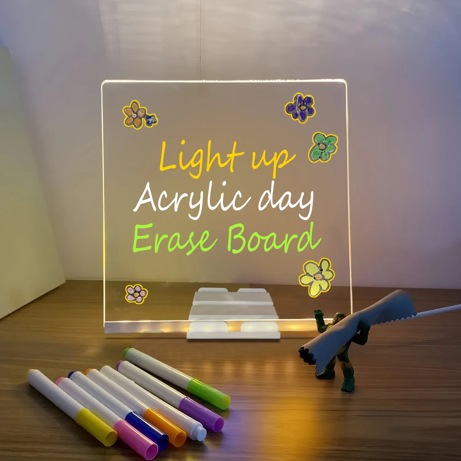 LED Light-Up Writing Board With 7 Marker – 15×15 cm Acrylic Message Pad with Stand | Colorful DIY Notes & Erasable Neon Pens
