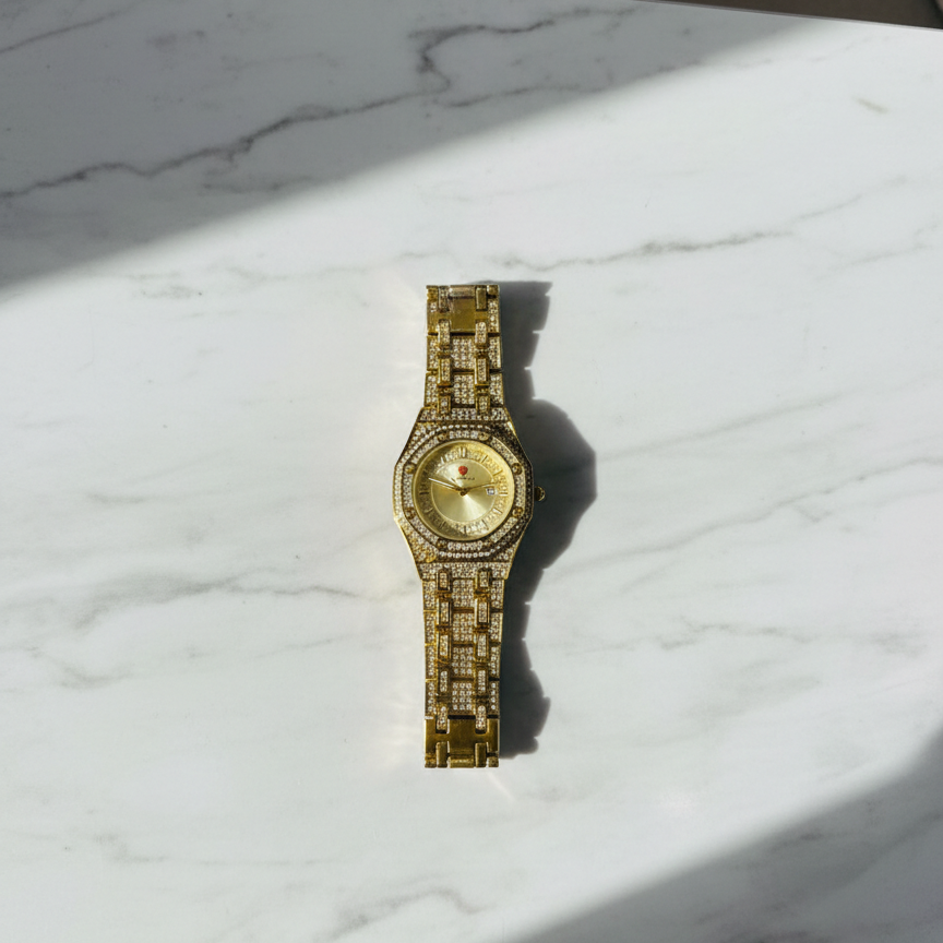 Luxury Gold Diamond-Studded Wrist Watch - Premium Designer Style Quartz Watch for Men & Women (Without Box) - Image 3