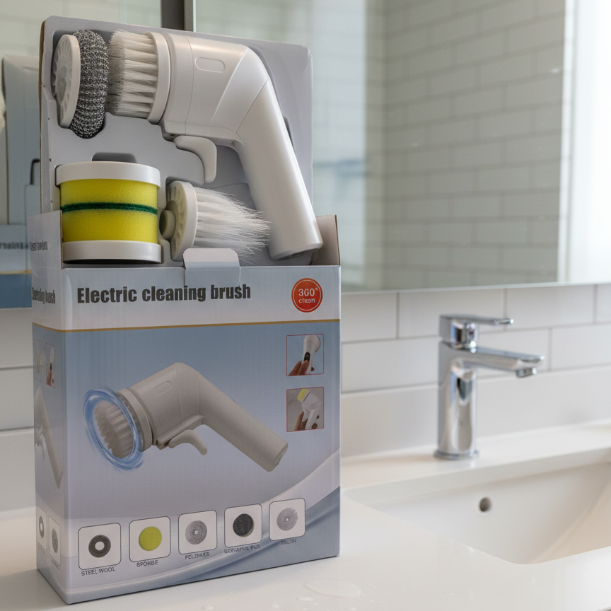 Electric Cleaning Brush With Multiple Attachments For Efficient Home Cleaning – 360° Rotating Scrubber With Sponge, Brush, And Steel Wool Heads - Image 4