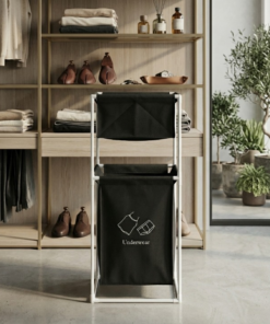 Fabric Laundry Hamper With Dual Compartments And White Metal Frame For Organized Clothing And Underwear Storage