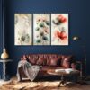 Set Of 3 Flowers Art Wooden Frames For Wall Decoration / Sticky Photo Tiles