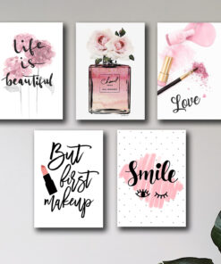 set of 5 make up themed girls room decore wall art wooden sticky Phototile frames