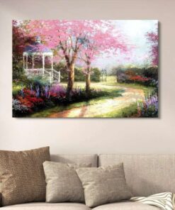 Pink Cherry Blossom Garden Wall Decor | Romantic Gazebo Landscape Painting | Wooden Art Frame 12x16 Inches