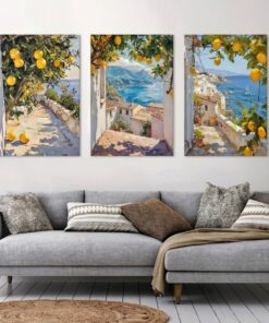 Set of 3 Vintage Mediterranean Coastal Lemon Tree Scenery Painting Wall Art Frames for Modern Home Decor Size 8x11 Inches Each with Double Sided Tape