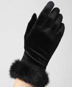 Women's & Girls Black Winter Velvet Gloves with Fur Cuff – Warm Soft Hand Gloves (1 Pair)