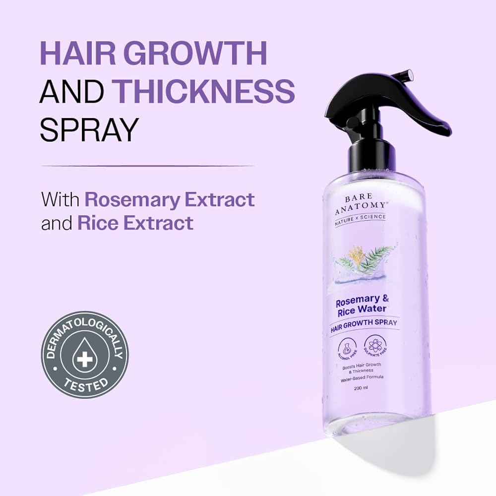 Bare Anatomy Rosemary & Rice Water Hair Growth Spray | Boosts Thickness | Controls Hair Fall | 200ml - Image 2