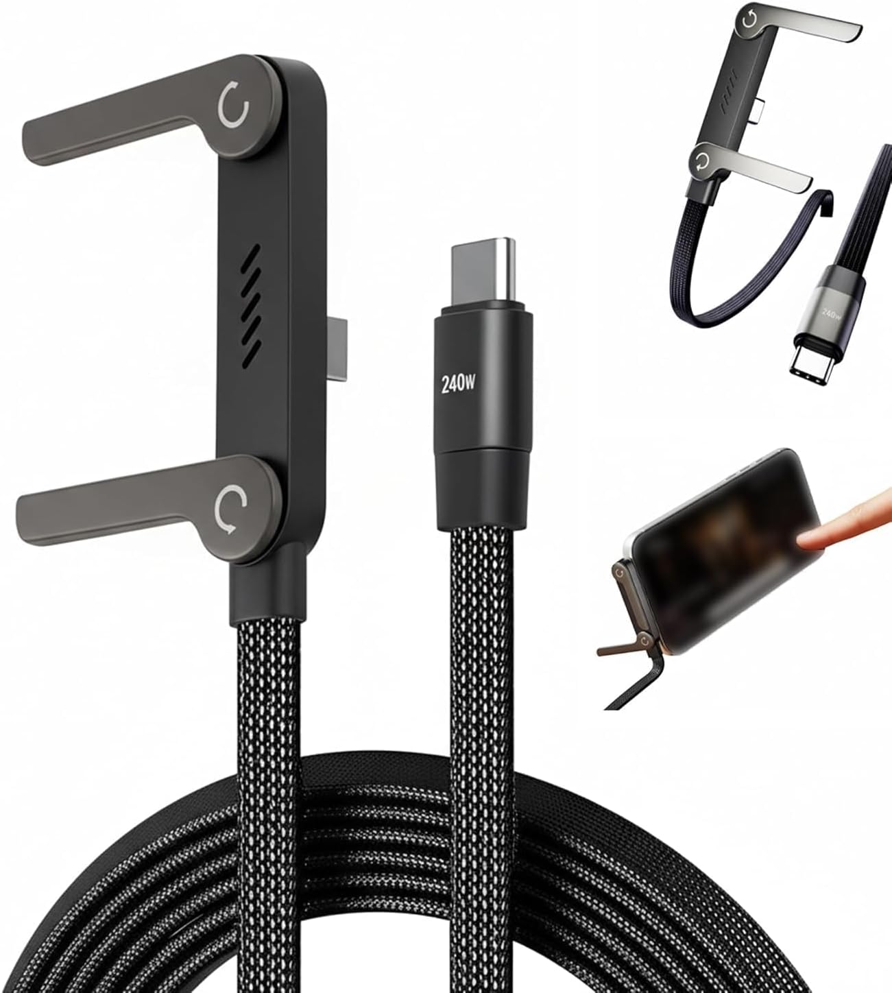 2-In-1 Data Cable With Stand | Nylon Braided USB C To USB C Cable 1.5M | 240W Fast Charging Cord For Smartphones