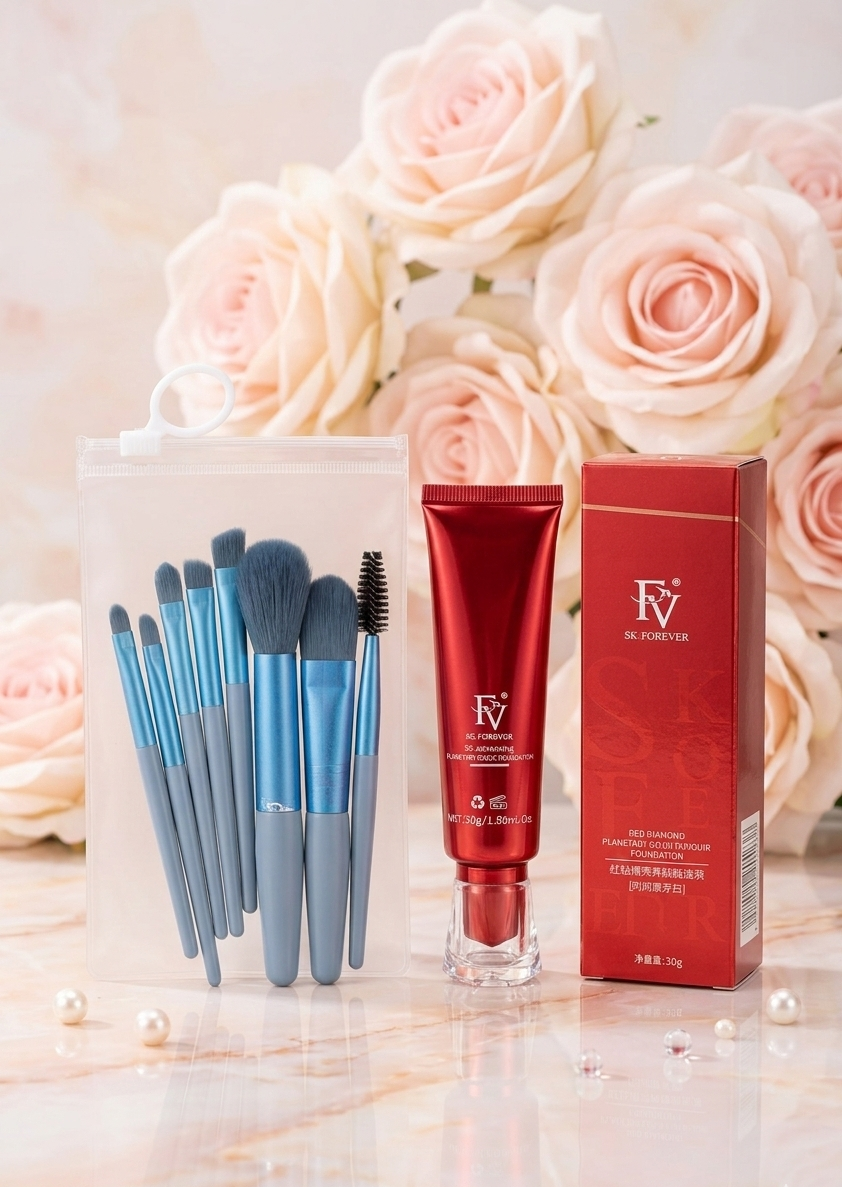 Ivory Shade FV Foundation With 8 Pcs Makeup Brush Set – Full Coverage Face Makeup Kit For Women - Image 2