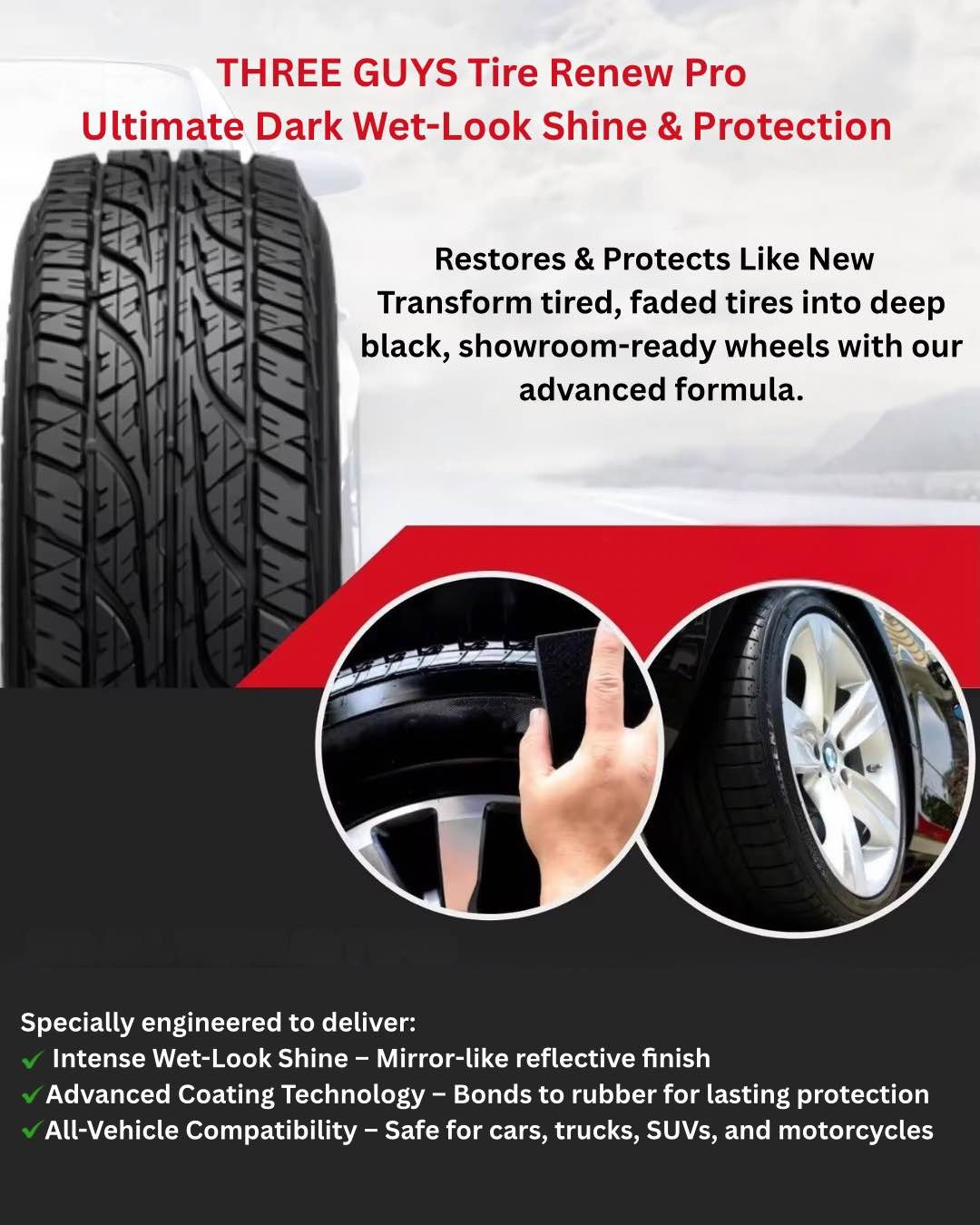 Three Guys Tire Shine Plus 250ml – Streak-Free Shine Cleans And Protects Long-Lasting Wet Look Premium Tire Care Spray - Image 2