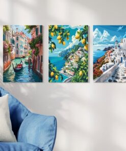 3Pcs Scenic Canvas Wall Art | Italian & Greek Landscape Paintings With Double Tape