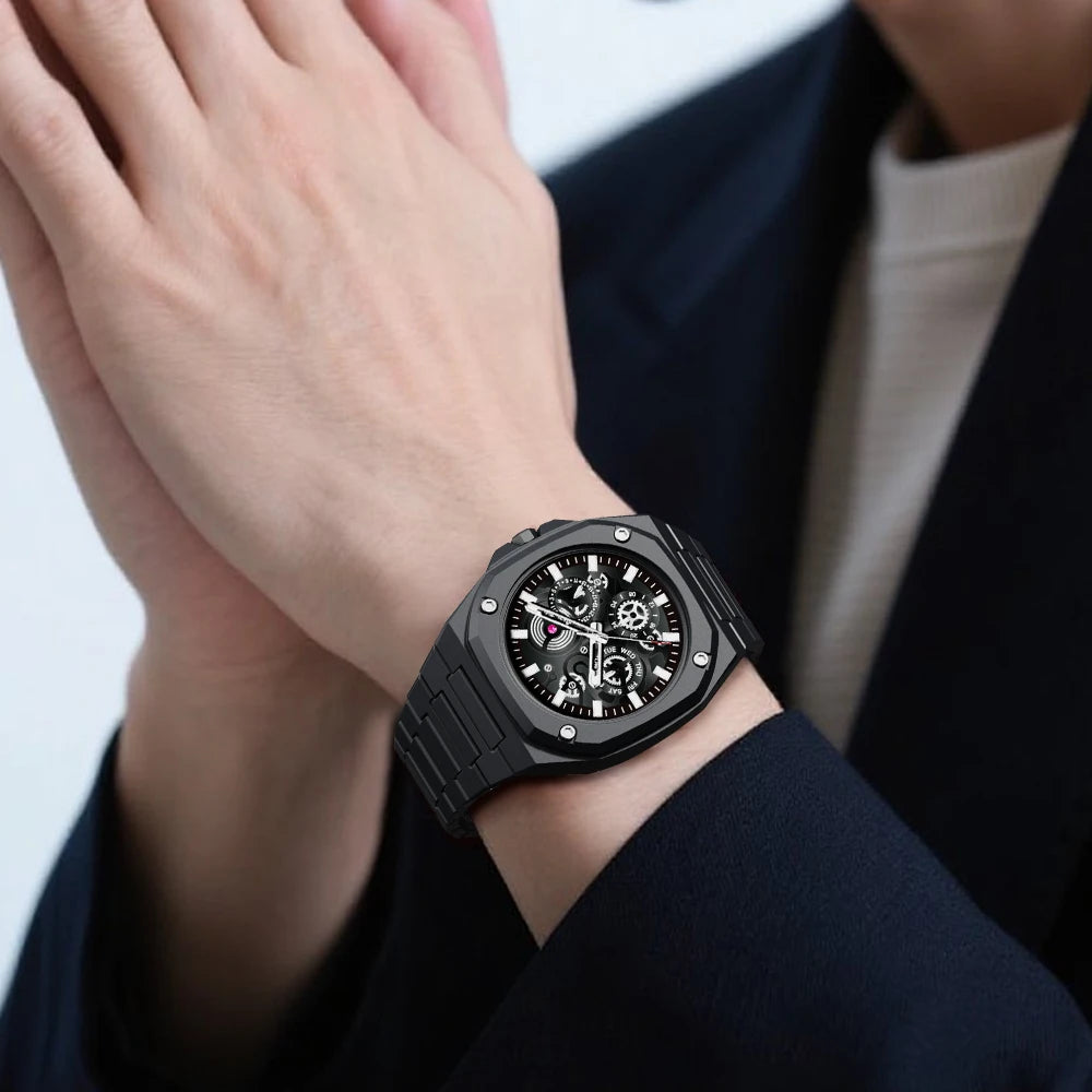 Premium Black Stainless Steel Waterproof Men's Watch - Luxury Multi-Dial Design (With Box) - Image 4