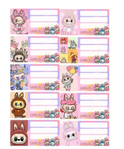 Labubu School Name Tags Stickers Full Sheet For Notebooks