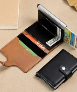 Slim Metallic Pop-Up Card Holder – Minimalist RFID Blocking Wallet with Leather Wrap (Black)