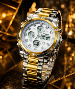 SKMEI 1389 Men’s Digital Analog Business Watch – Two-Tone Gold & Silver Stainless Steel Chronograph with Matte White Dial - without box