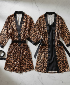 Couple Leopard Print & Black Satin Sleepwear Set – 4 Pcs Robe & Nightdress Set (DC-1021)