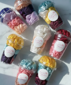 4Pc Colorful Satin Scrunchie Set In Clear Dome Lid Cups With Girly Goodies Label (Random Colour)