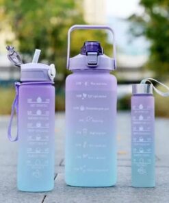 3 Piece Motivational Water Bottle Set BPA Free Plastic Gradient Colors For Students Fitness And Daily Use | Random Color