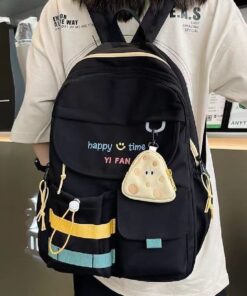 Stylish Black Backpack with Blue & Yellow Stripes + Cute Mouse-Shaped Coin Purse | Lightweight