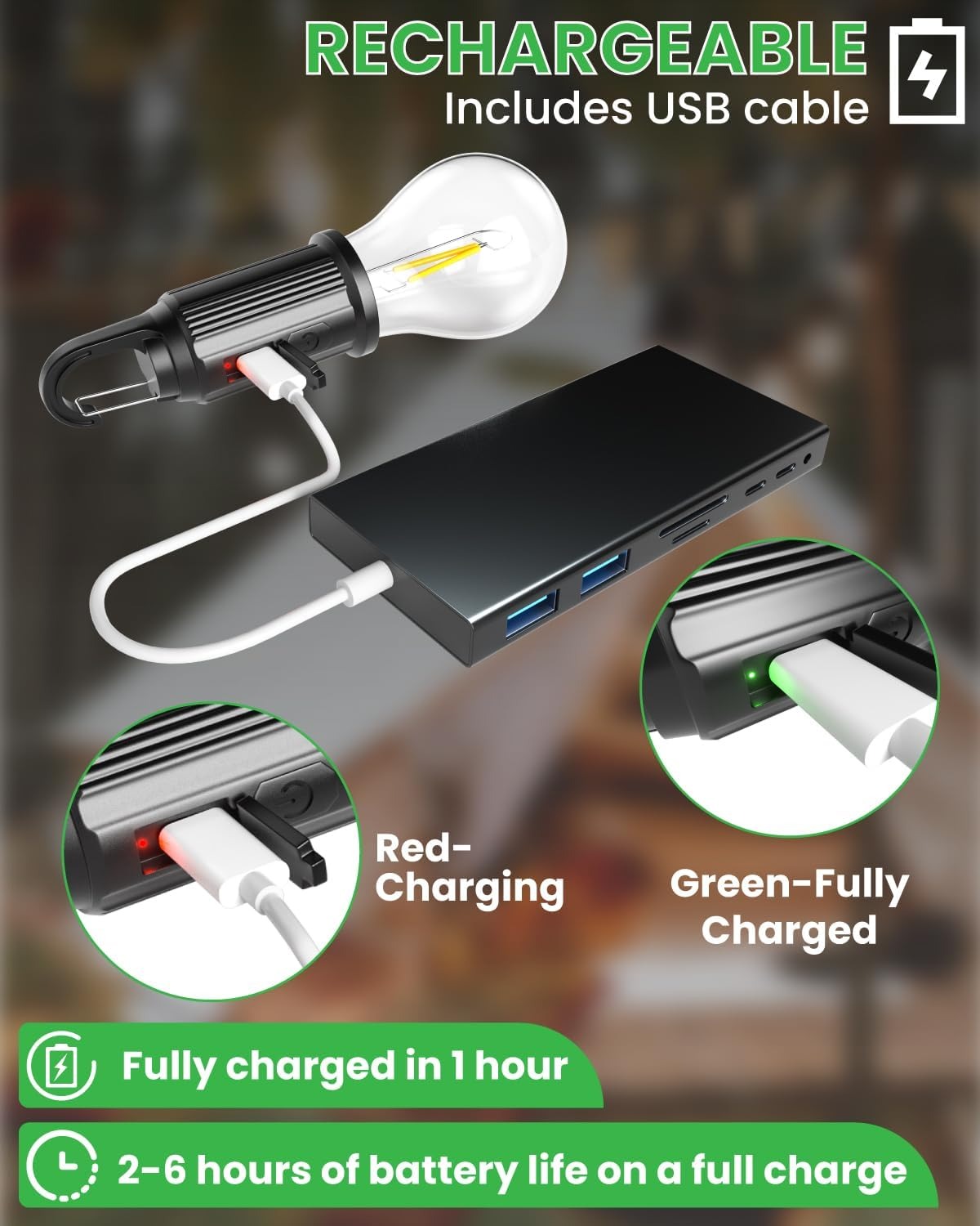 T01 Rechargeable Camping Bulb – 3-Gear Vintage LED Emergency Lamp with Carabiner Hook & Type-C Charging - Image 3