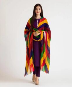 Unstitched 3-Pcs Katan Silk Suit with Multi-Color Organza Chunri Dupatta for Women – Premium Party Wear Dress Material