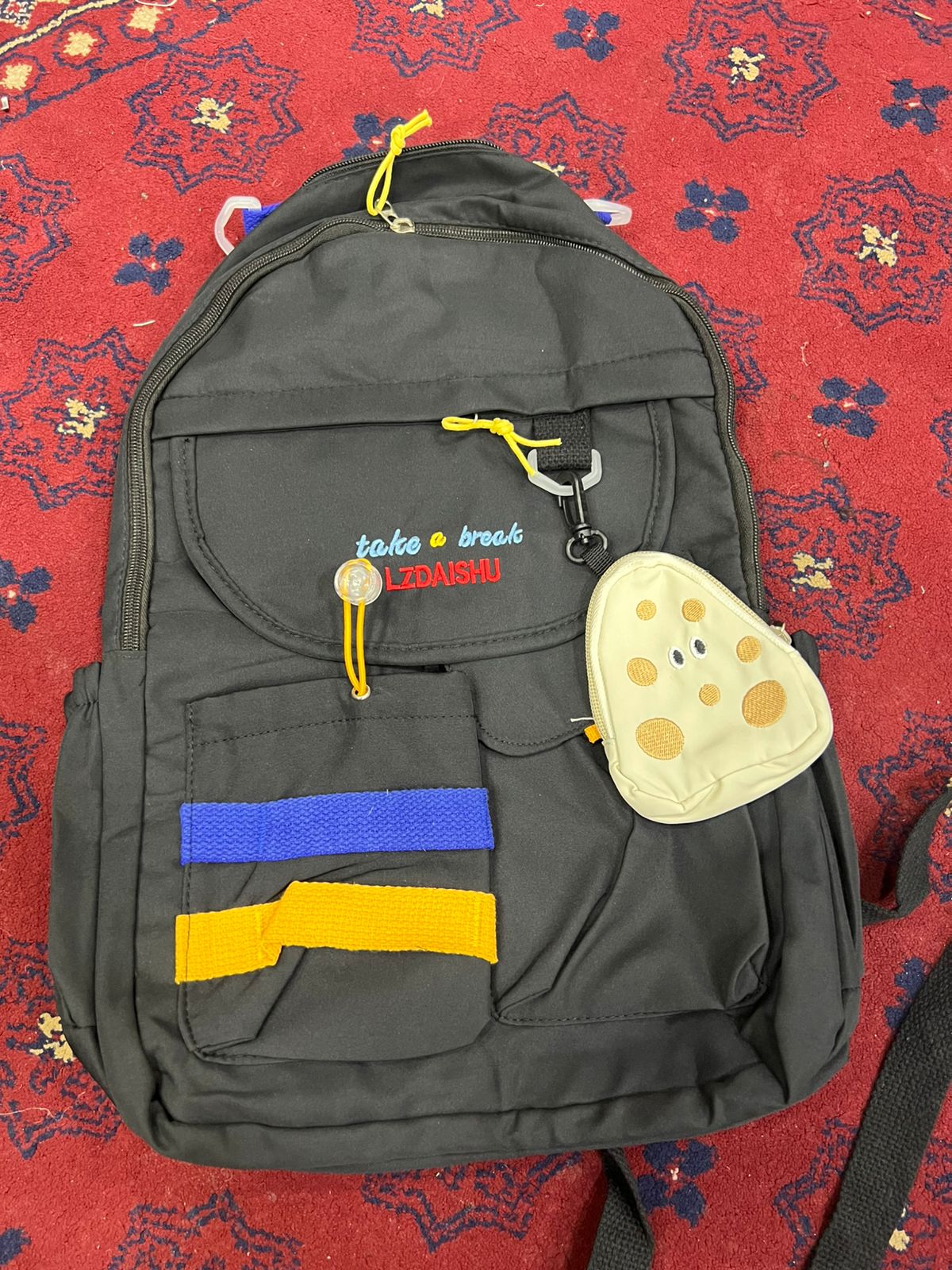 Stylish Black Backpack with Blue & Yellow Stripes + Cute Mouse-Shaped Coin Purse | Lightweight, Durable, School & Travel Bag - Image 4